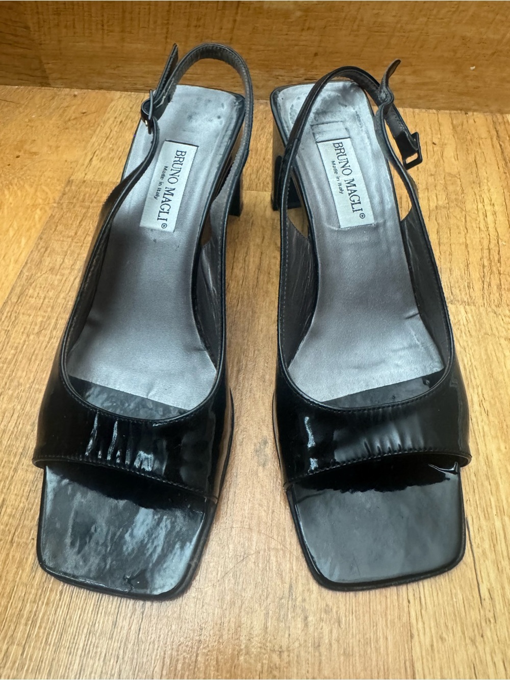 Bruno Magli Black Patent Square-Toe Slingback Mules